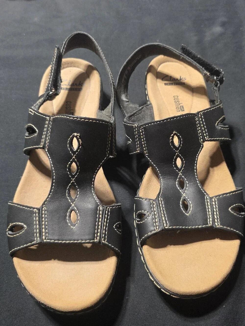 Clarks Leisa Lakelyn Black Leather Open-Toe Cushion Comfort Slingback Sandals 8½